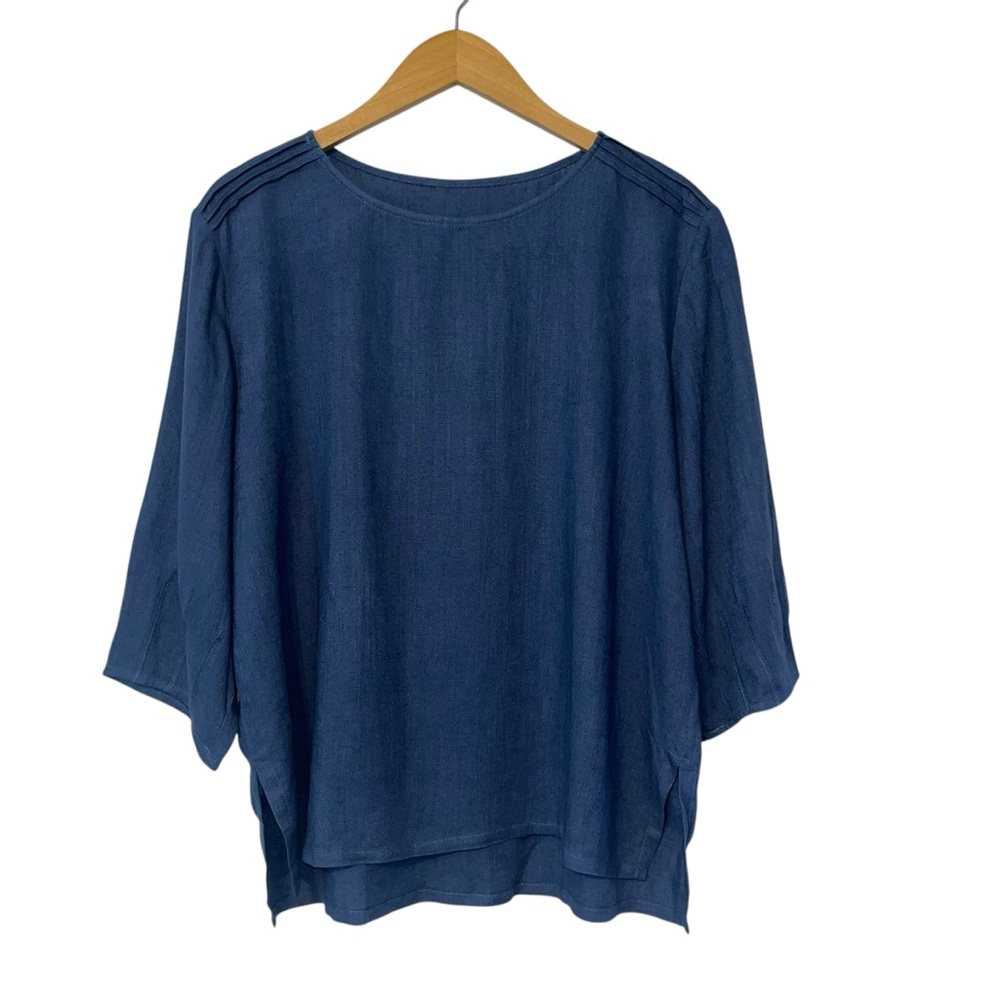 XiAO Loose Linen Blouse With Boat Neckline 3/4 Barrel Sleeve Blue‎ Sz Small